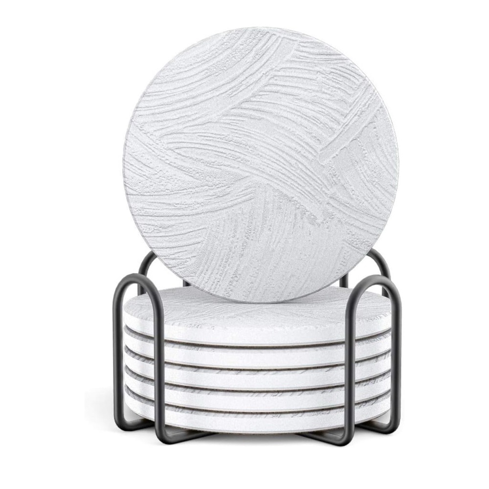 LIFVER Coasters Set of 6 with Holder – White Marble Style Ceramic, 4”